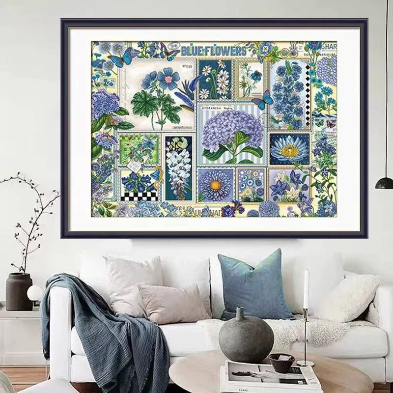 新款精准印花正品DMC 十字绣纯棉线客厅儿童房清新花卉 蓝色的花