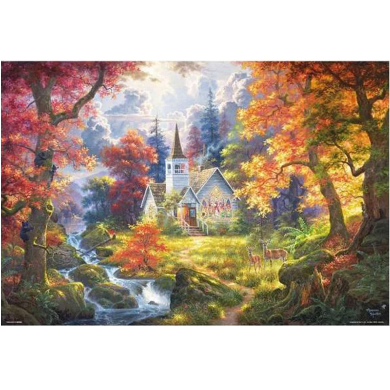 新款精准印花法国正品DMC十字绣客厅卧室书房 风景画秋季林中教堂