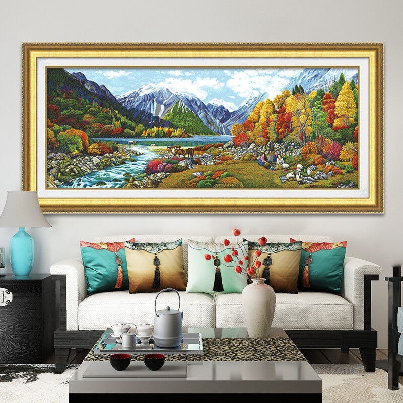 新款精准印花正品DMC十字绣纯棉线绣客厅书房风景大画 香格里拉