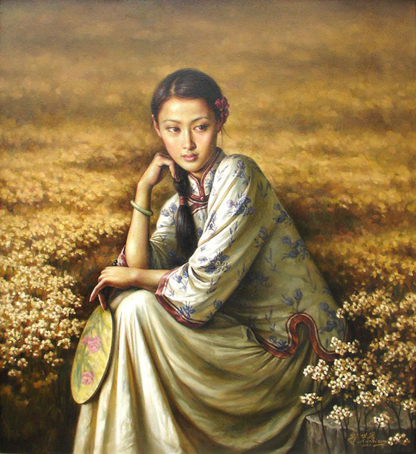 包邮精准印花法国正品dmc十字绣 客厅卧室 人物油画 花丛中的女孩