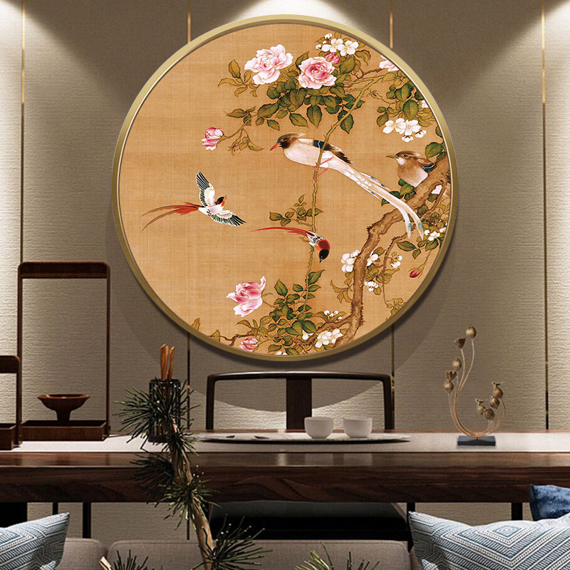 新款印花正品DMC十字绣套件客厅餐厅玄关新中式圆形花鸟枝上小鸟