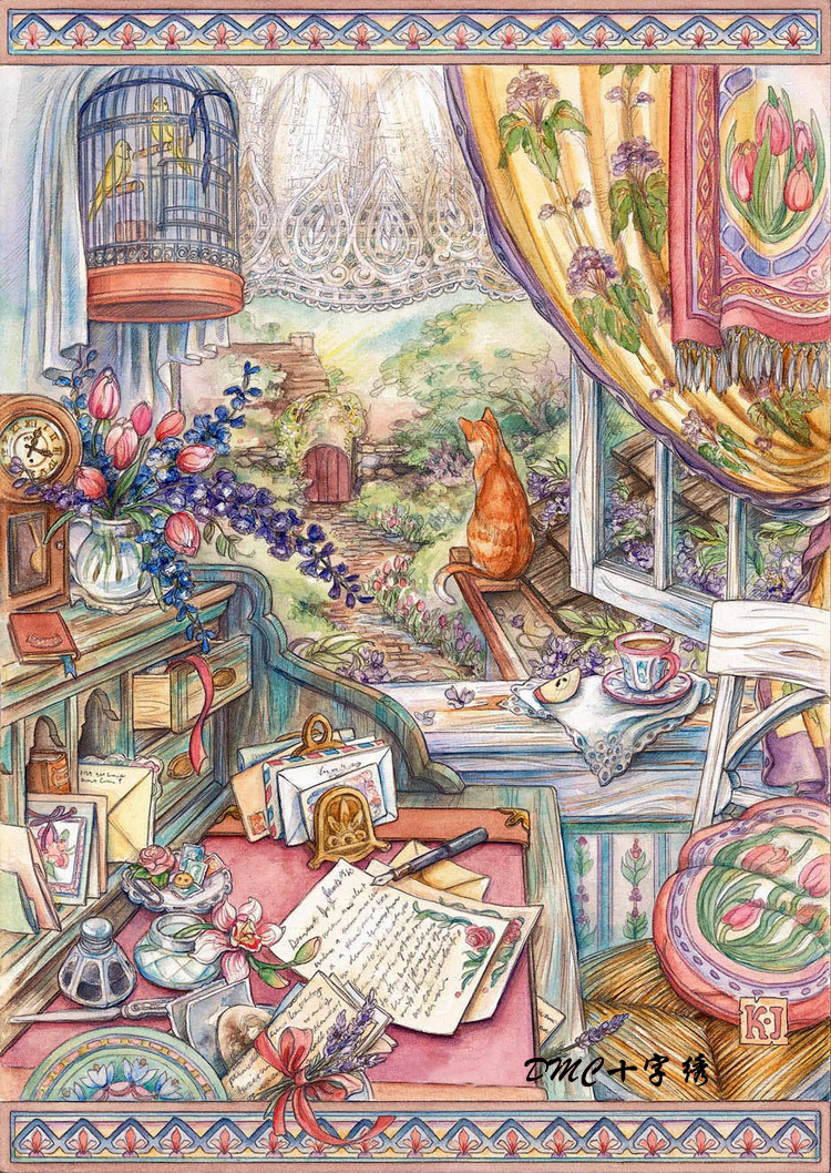 精准印花法国正品DMC十字绣 卧室儿童房卡通油画 猫咪安娜的书房
