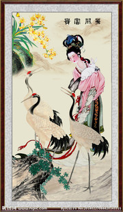 中国风 新款 精准印花法国正品 DMC十字绣竖版 美女仙鹤图 花开富贵