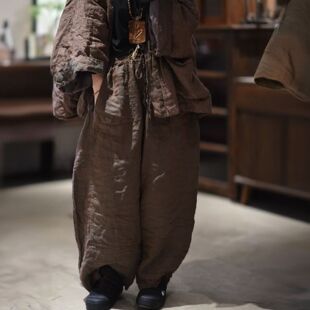 素年未央原创设计SN276色织汉麻复古双层里布拼接系带休闲萝卜裤