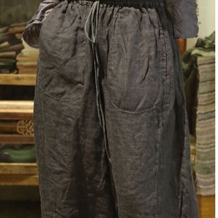 素年未央原创设计小语宽松文艺复古双层色织亚麻系带松紧腰休闲裤