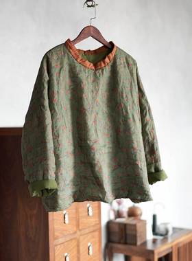 4459 苎麻夹棉数码印花高领棉衣秋冬新款文艺休闲洋气上衣棉服