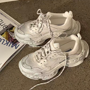 诗歌兰老爹鞋女2026春款真皮厚底增高休闲运动鞋百搭透气网面潮鞋