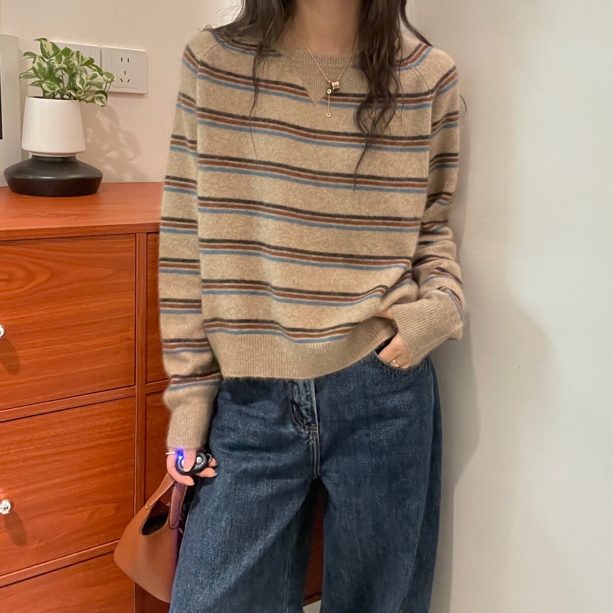 欧洲站羊绒羊毛条纹毛衣女