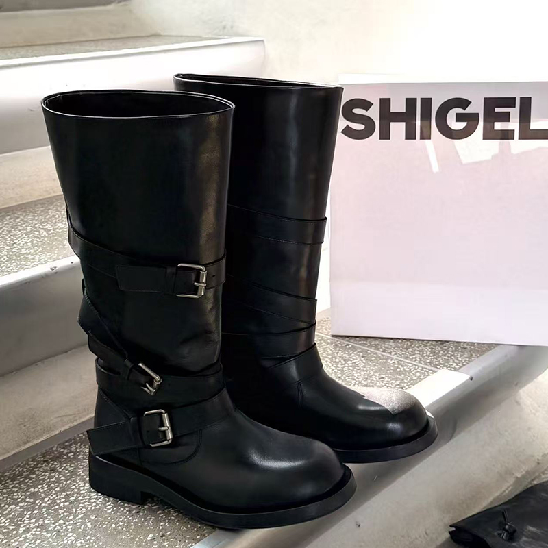 诗歌兰女鞋2025新款真皮骑士靴女