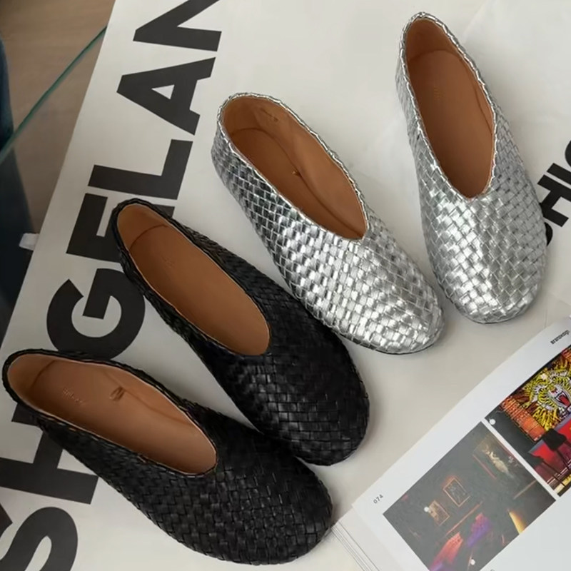 诗歌兰真皮编织浅口单鞋女2026春款平底一脚蹬复古百搭法式奶奶鞋,女鞋,浅口单鞋,淘宝优惠券,粉丝福利购,淘宝优惠卷