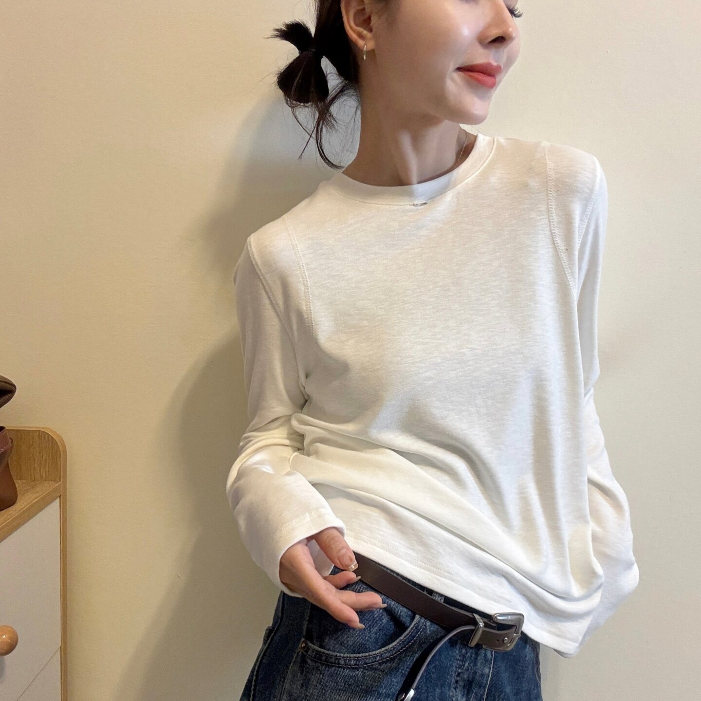欧洲站简约纯色圆领长袖T恤女