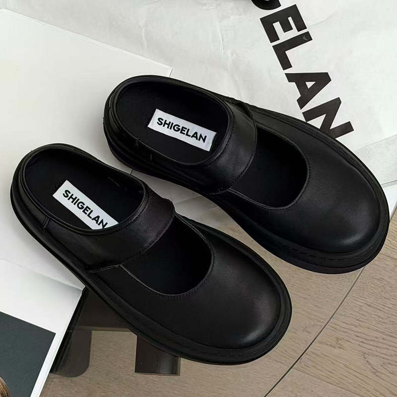 诗歌兰玛丽珍鞋女2026春季新款真皮厚底魔术贴一脚蹬懒人包头半拖