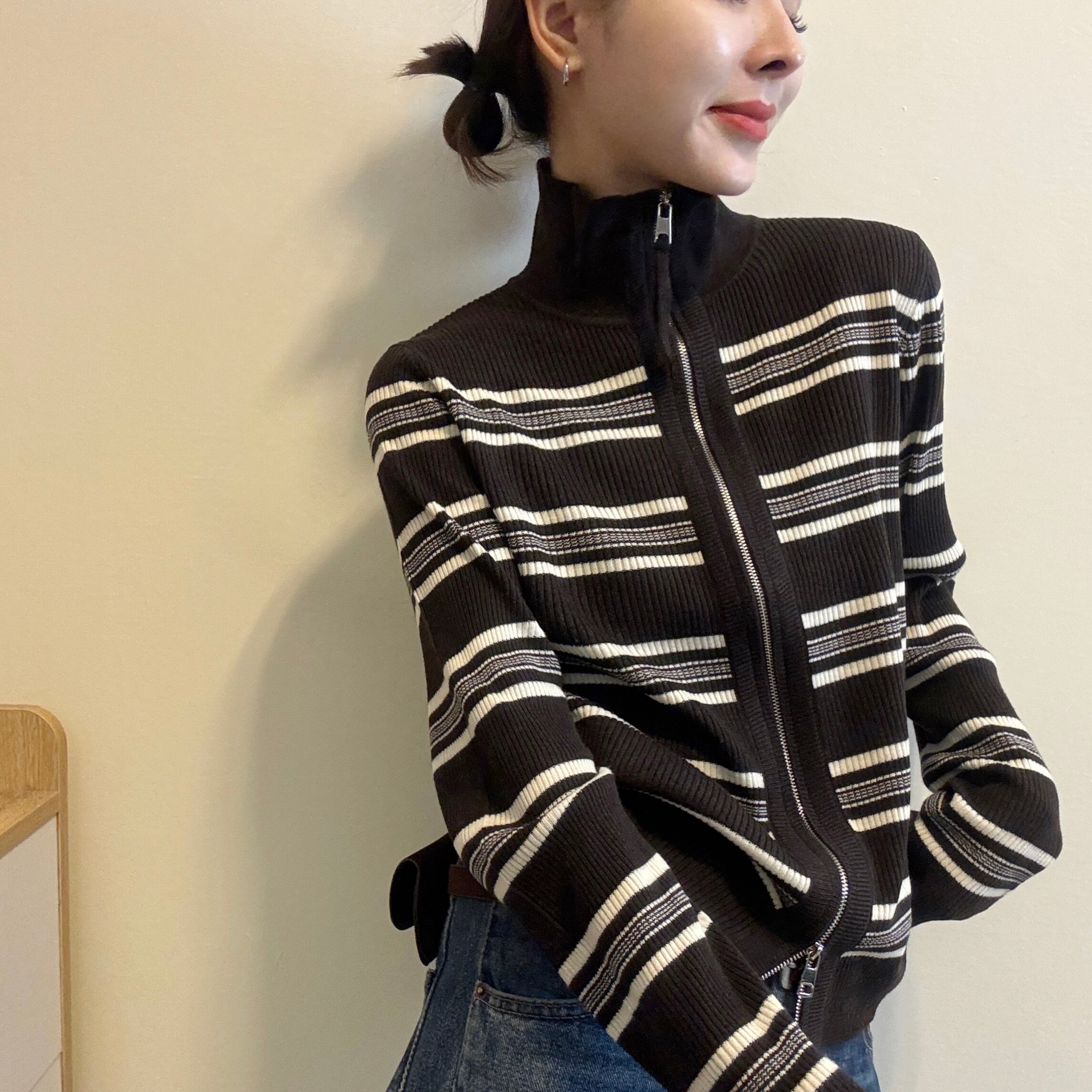 欧洲站羊毛条纹开衫女针织上衣