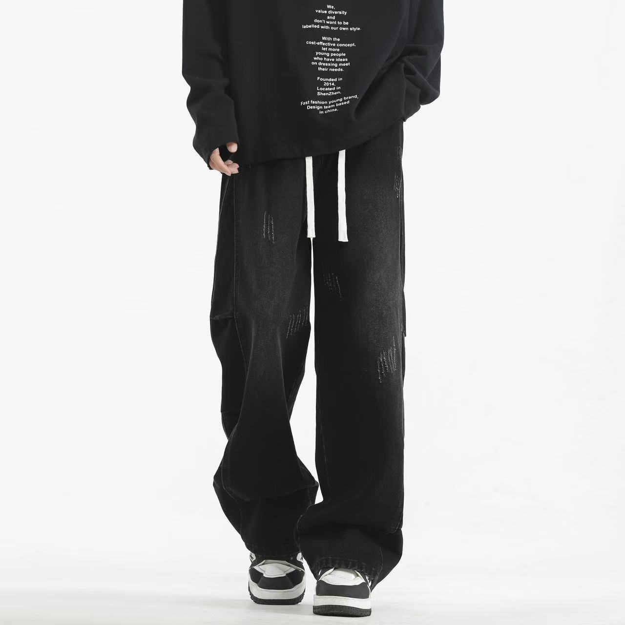 美式拼接工装牛仔裤男秋冬高街潮牌宽松阔腿直筒休闲长裤