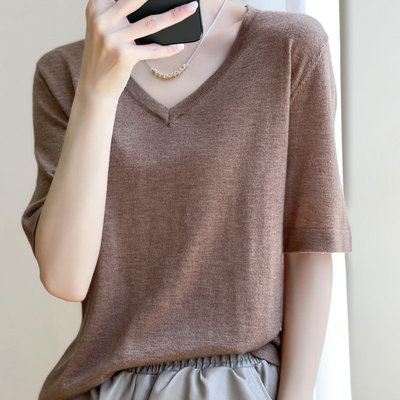 超细羊毛衫女薄款短袖宽松上衣