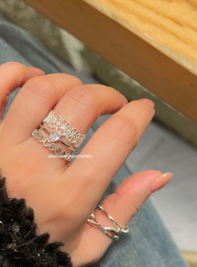 秋十一Acc 小众设计镂空蕾丝叠戴戒指开口戒