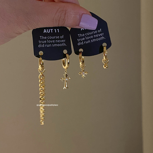 秋十一Acc Mix风精致十字架链条组合耳扣酷女孩耳环 随性周末