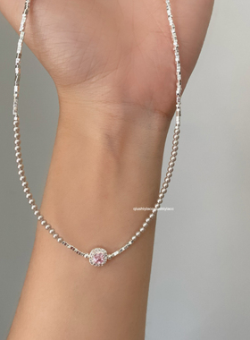 秋十一Acc 精致粉色小方糖钻钻吊坠小米珠项链