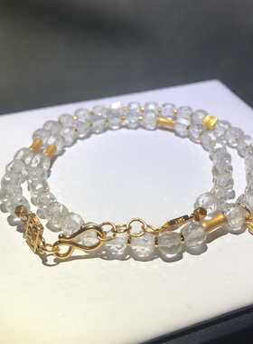 东海白水晶手链女双圈层纯银福牌4m小方糖刻面设计款天然手串礼物