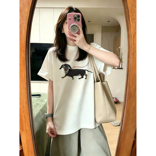 夏季情侣腊肠小狗短袖t恤女美式潮牌小众设计感宽松休闲百搭上衣