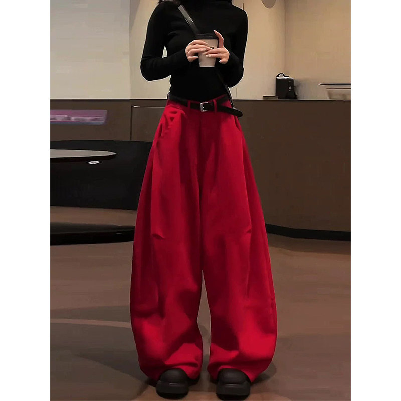 美式高街红色弯刀裤女新年本命年2026春秋新款宽松百搭休闲阔腿裤,女装/女士精品,休闲裤,淘宝优惠券,粉丝福利购,淘宝优惠卷