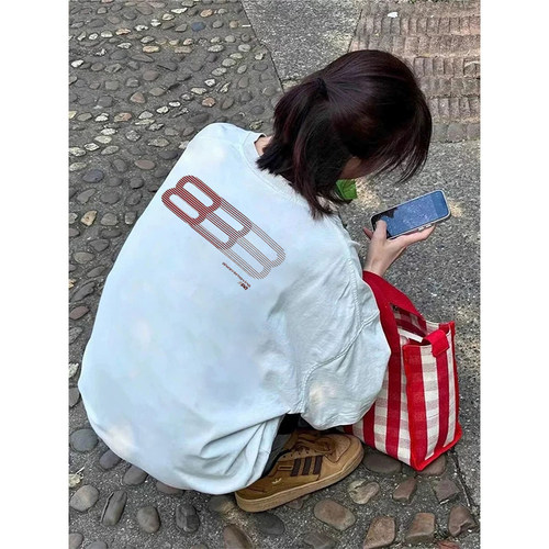 夏季小众设计感幻影字母纯棉短袖t恤女美式潮牌潮牌宽松情侣上衣
