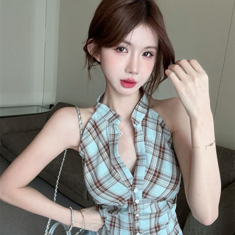 格子挂脖吊带背心女外穿夏季泰式小众甜辣妹v领抹胸上衣绝美衬衫