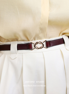 简束法式蝴蝶结纯牛皮女士真皮细皮带可调节百搭牛仔裤牛皮腰带女