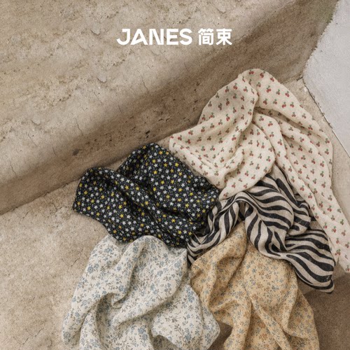 JANES简束小清新碎花丝巾亚麻混纺透气方巾百搭装饰领巾头巾腰饰