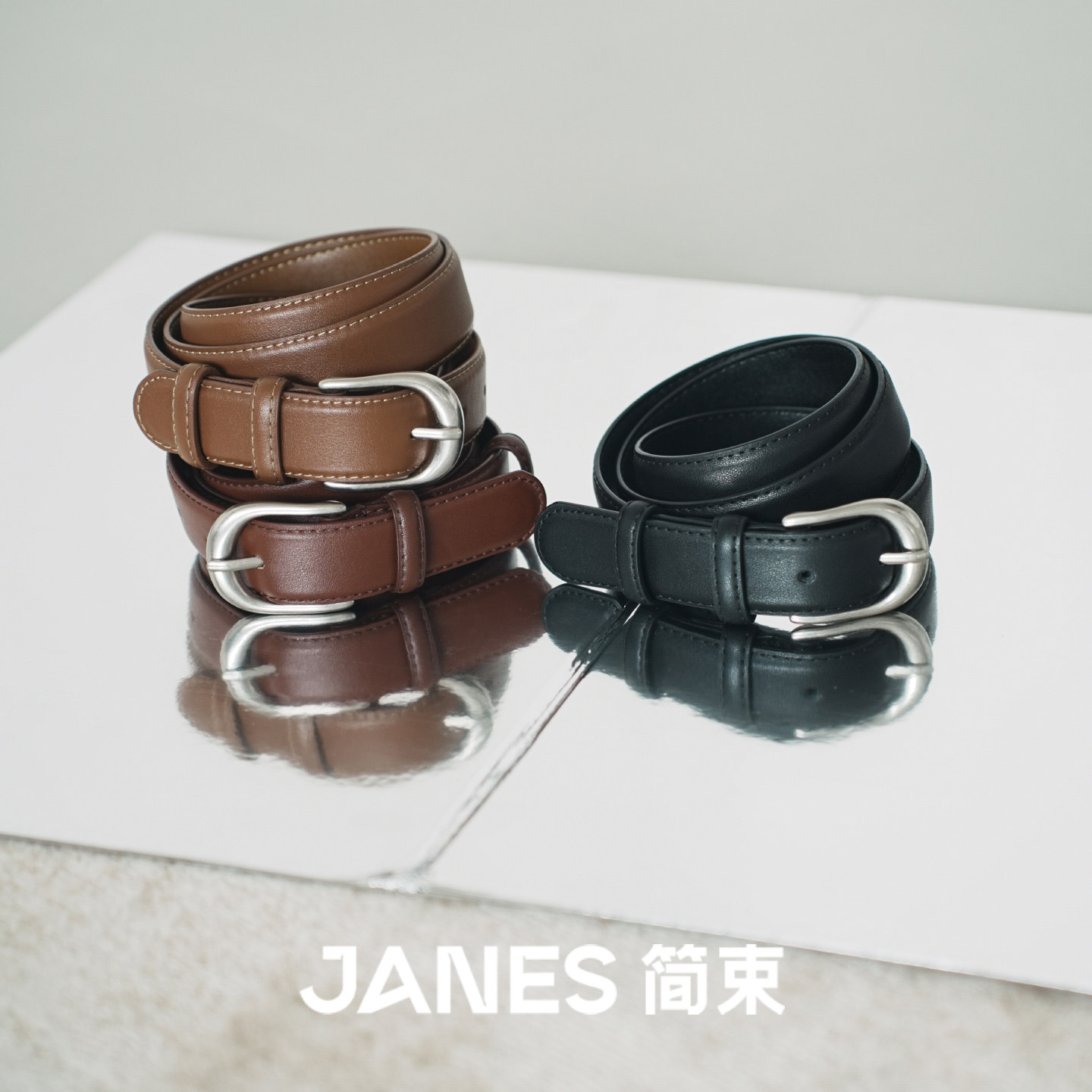 JANES简束基础百搭针扣女士牛皮皮带小众设计高级感真皮腰带图片