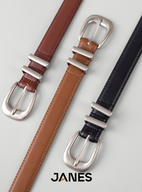 简束个性做旧银扣复古牛皮腰带小众设计配牛仔裤百搭真皮皮带女士