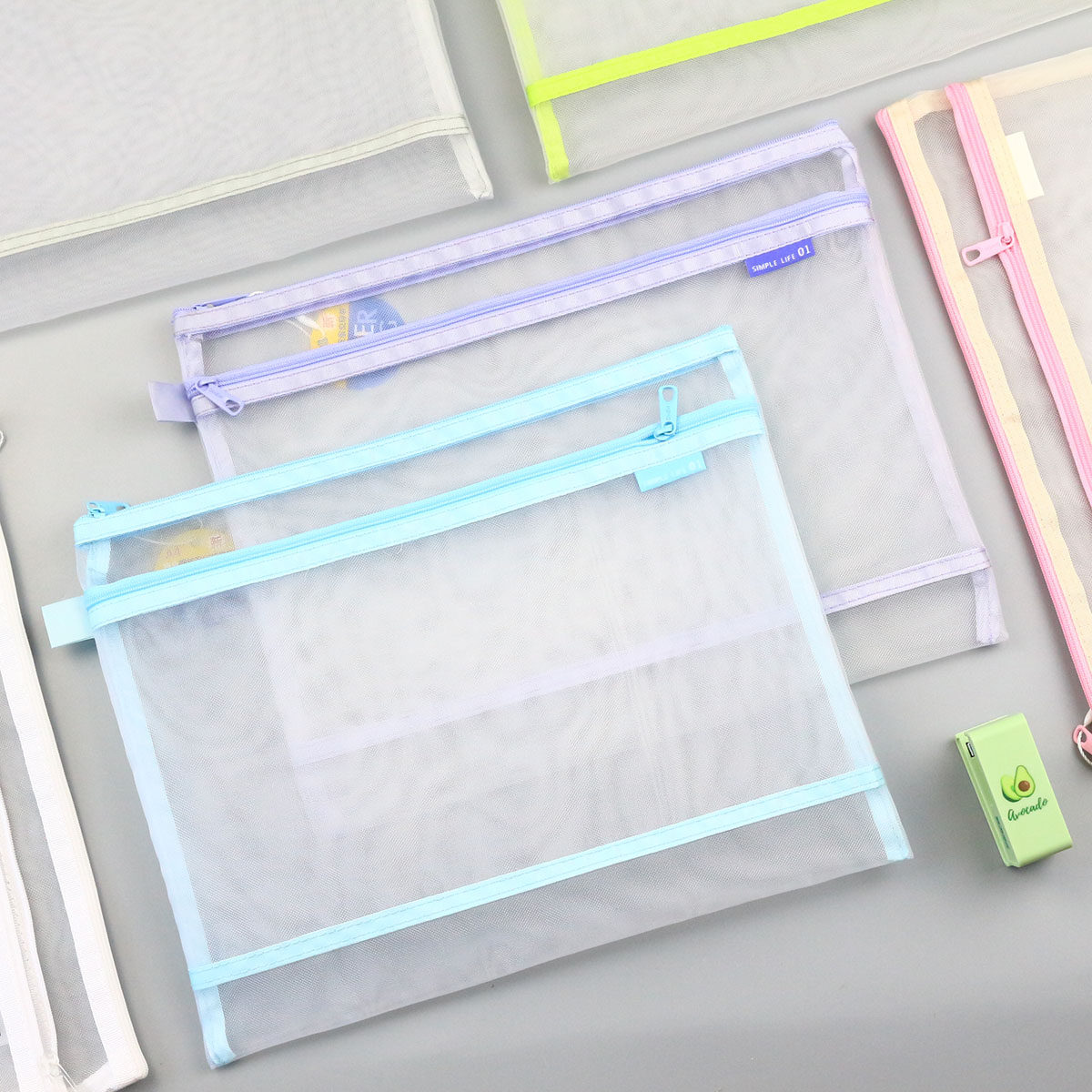 JUMEN A4 B5 A6 간단한 단색 메쉬 학생 연필 가방 더블 레이어 지퍼 가방 파일 가방 정보 저장 가방