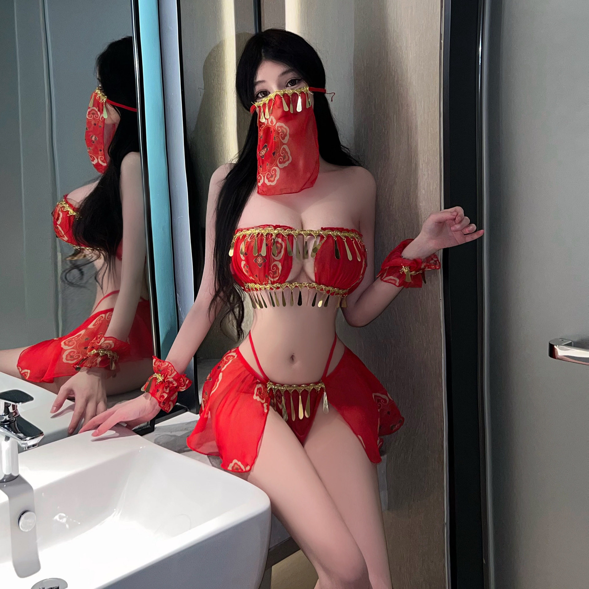 春节新年红性感内衣异域舞娘国潮风分体武媚娘夫妻床上用品套装
