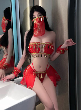春节新年红性感内衣异域舞娘国潮风分体武媚娘夫妻床上用品套装