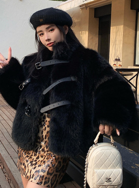 时尚洋气皮扣设计感仿狐狸毛皮草女保暖宽松韩版毛毛外套女11052