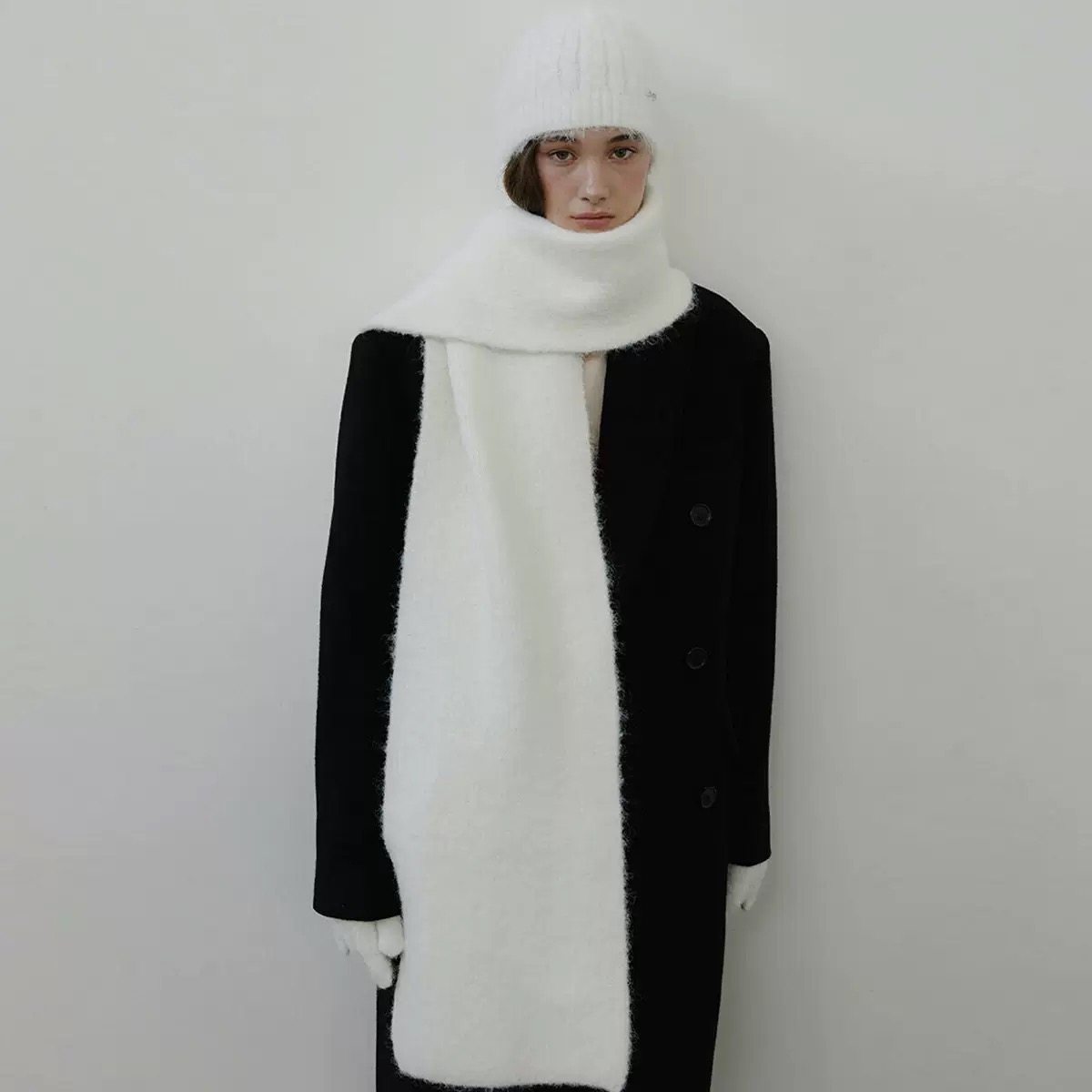 韩国设计师款羊毛混纺纯色针织围巾女冬季加厚氛围感加大毛线围脖