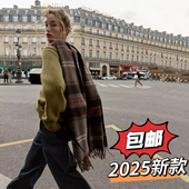 ZA2025秋冬新款 复古咖色格子ra围巾女保暖围脖披肩两用9967220707