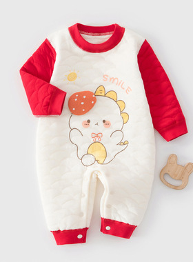 婴儿连体衣秋冬夹棉外出新生婴幼儿满月百天宝宝红色衣服哈衣睡衣