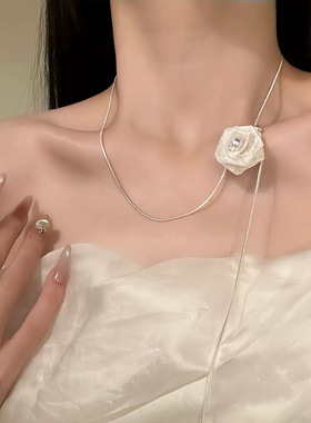 超仙网纱白玫瑰吊坠女小众简约轻奢气质感可抽拉式项链锁骨链