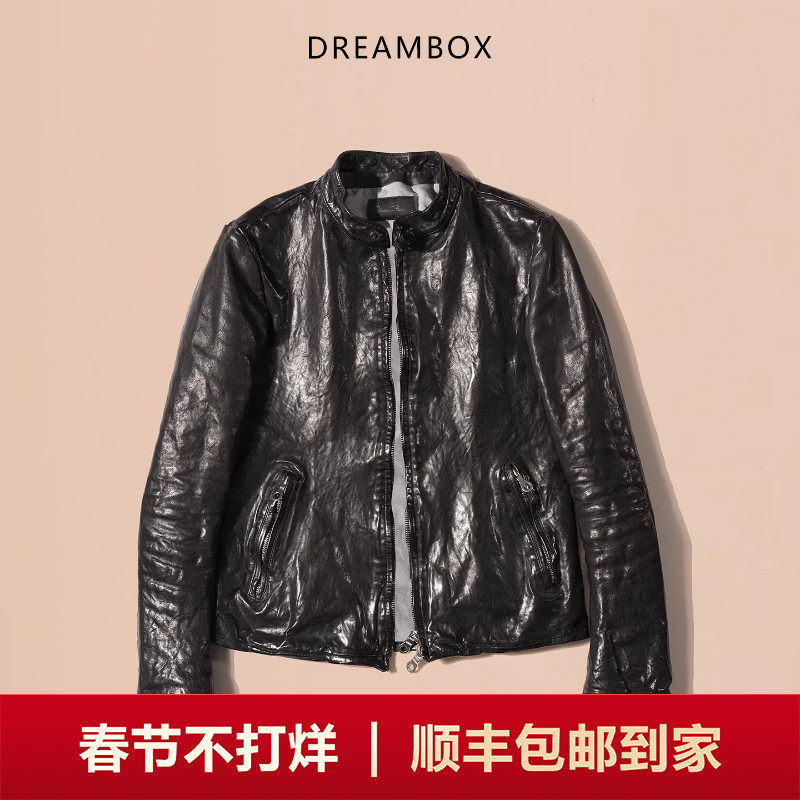 DREAMBOX钧博高端马皮修身帅气真皮皮衣重水洗复古做旧机车皮夹克