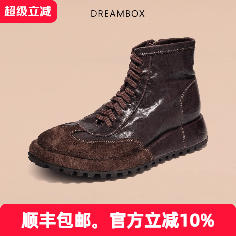 dreambox钧博秋冬新款高帮手工男靴水洗马皮复古英伦侧拉链马丁靴