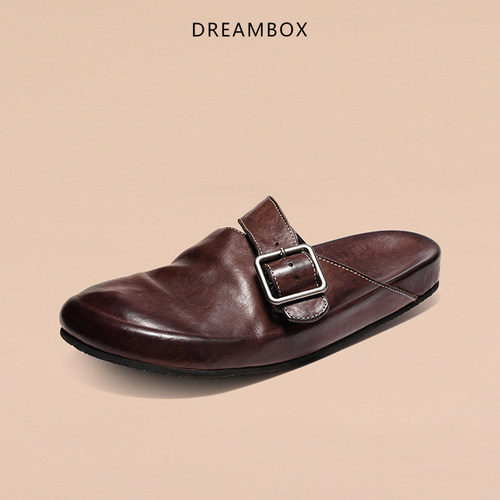 DREAMBOX钧博男士外穿一脚蹬包头拖凉鞋高端马皮透气懒人勃肯鞋