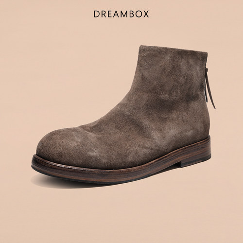 DREAMBOX钧博高档马皮男士后拉链中帮短筒皮靴手工英伦复古时装靴