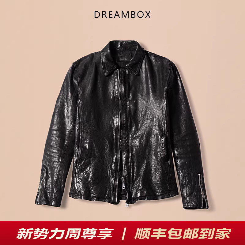 DREAMBOX钧博男士外套美式翻领修身夹克马皮工装阿美咔叽机车皮衣