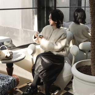 PENNYPENG 象牙塔 黑标系列白色羊绒拉贡皮毛一体层次感时尚外套