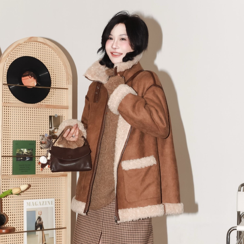 复古美拉德风拼接保暖短外套