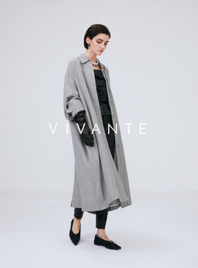 PENNYPENG 柏木灰色羊毛亚麻混纺暗门襟衬衫式长款连衣裙 DF04090