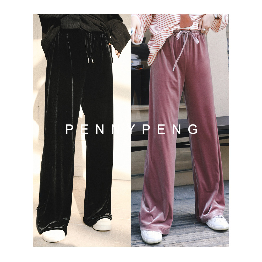 模特松紧腰系带丝绒长裤