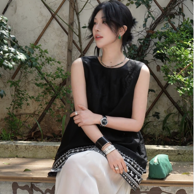 PENNYPENG北欧韵味 黑标系列东方雅致非遗纹样真丝上衣半裙两件套