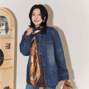 PENNYPENG撞色丹宁 黑标系列复古宽松皮质翻领设计师经典牛仔外套